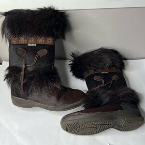 Tecnica Sz 9 / 9.5 Brown Goat Fur Cowhide Boots Apres Ski Super Warm